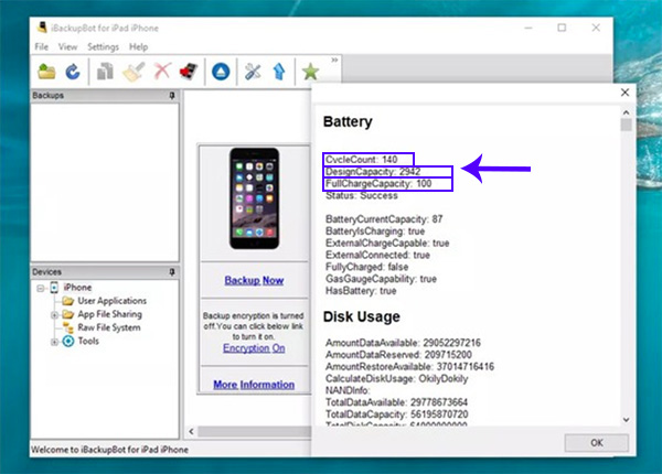 Kiểm tra độ chai pin iPhone bằng iBackup Bot (2)