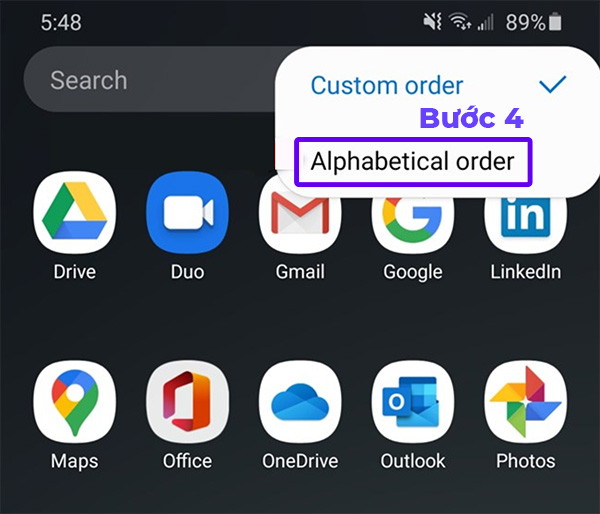 Chọn Alphabetical Order để tự động sắp xếp ứng dụng