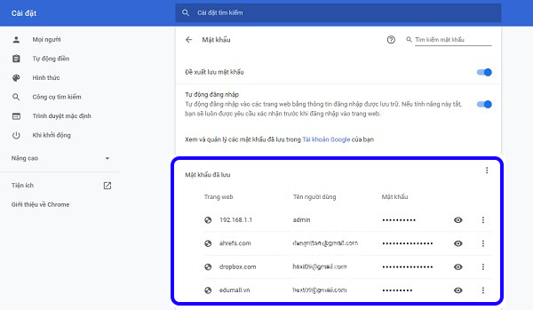Danh sách mật khẩu đã lưu trên trình duyệt Google Chrome