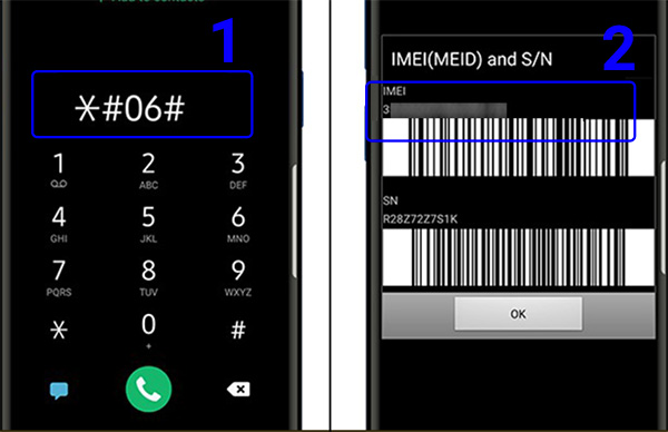 Nhập cú pháp *#06# để kiểm tra số IMEI trên Samsung