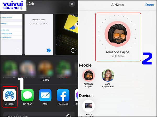 Chọn tính năng chia sẻ AirDrop trên iPhone gửi file đi