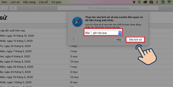 Chọn mốc thời gian cần xóa và nhấn chọn Xóa lịch sử
