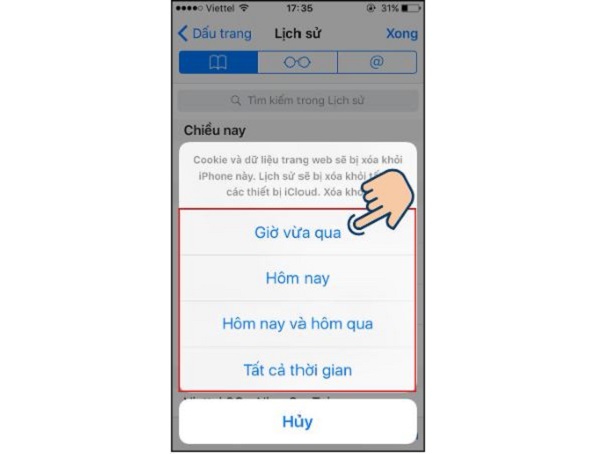 Chọn xóa lịch sử trình duyệt web trong 1 khoảng thời gian nhất định