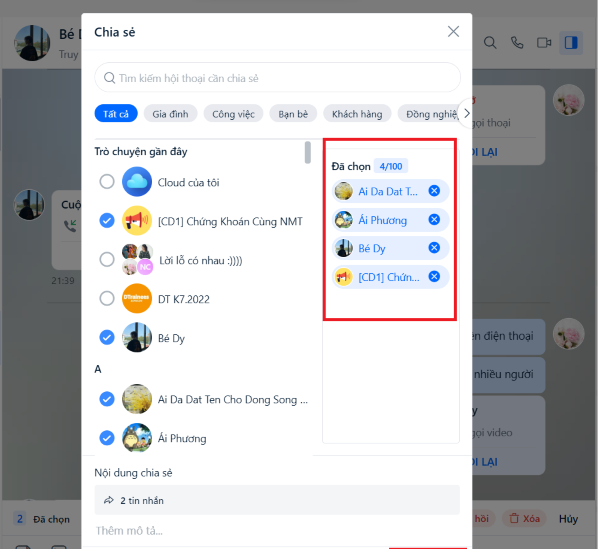 Chọn những người hoặc nhóm cần gửi tin