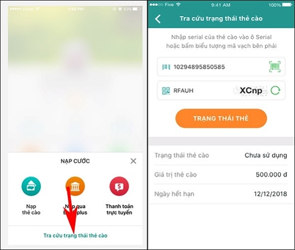 Nhấn vào mục tra cứu trạng thái thẻ cào